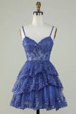 Unique A line Spaghetti Straps Blue Lace Short Mini Formal 7th Grade Homecoming Dresses Middle School Short Cocktail Night Dress Hoco Outfits HZ1121