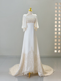 Romantic Wedding Gown Bridal Dress A Line Square Neck Satin Wedding Dress Ivory Wedding Dresses Modest Wedding Gowns HZ1121