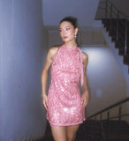 Modest Sheath High Neck Pink Sequin Short Formal Homecoming Dress Middle School Short 18th Birthday Outfits Graduation Dress Cocktail Dresses HZ1121