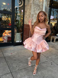 Princess Ball Gown Sweetheart Pink Satin Lace Short Formal 8th Grade Homecoming Dresses Middle School Cocktail Dress Hoco Outfits HZ1121