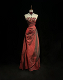 Retro A Line Strapless Burgundy Sleeveless Taffeta Long Flowers Prom Dresses Party Dress 18th Birthday Outfits Graduation Dresses HZ1121