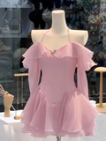 Simple A line Off The Shoulder Pink Chiffon Short Homecoming Dress Summer Hoco Dresses Mini Cocktail Dress HZ1121