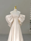 Classic Bridal Gown A Line Off The Shoulder Short Sleeves Satin White Wedding Dresses Minimalist Bridal Gowns HZ1121