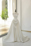 Timeless Bridal Gown Ball Gown Strapless Satin Pleated Sleeveless Long White Wedding Dresses Elegant Bridal Gowns HZ1121