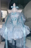 Cute Off-the-shoulder Ball Gown Tulle Short-sleeved Birthday Dress Blue Lolita Dress HZ1121