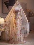 Glam Strapless Mermaid Tulle Long Prom Dresses, Floral Formal Evening Dresses HZ1121