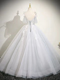 Cute V neck A-Line Tulle Long Prom Dresses, White Sweet 16 Dresses HZ1121