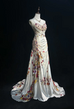Vintage Spaghetti Strap Sheath Long Prom Dresses Floral Satin Sleeveless Evening Dress Sequin Champagne Formal Dresses HZ1121
