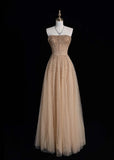 Cute Strapless A-line Long Prom Dresses Sequined Tulle Pastel Orange Evening Dresses HZ1121