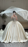 Gorgeous Sweetheart Neck Ball Gown Satin Long Wedding Dresses Beaded Ivory Bridal Gowns Sleeveless Bridal Dresses HZ1121