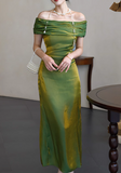 Elegant Sheath Green Long Prom Dresses Off Shoulder Satin Green Wedding Guest Dresses HZ1121