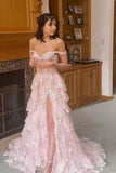 Pretty Off the Shoulder Black Tulle Appliques Off-the-Shoulder Ruffle Long Prom Dress Graduation Dress HZ1121