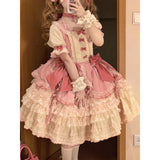 Sweet Ball Gown Square Neck Short Sleeves Gothic Pink Lace 16th Birthday Dress Lolita Dress Birthday Outfits HZ1121