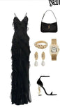 Fancy Sheath Spaghetti Straps Black Long Chiffon Evening Dress Party Gowns Evening Special Formal Dresses Prom Dress HZ1121